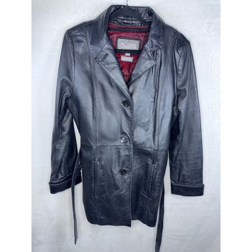 Wilsons‎ Leather Black Trench Coat Women Large Removable Thinsulate Liner Belted